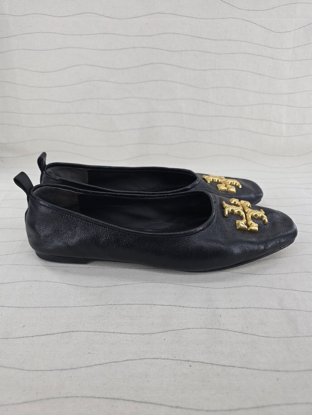 Tory Burch Womens Black Leather Gold Logo Flats Square Toe Slip On Shoes Sz 10.5
